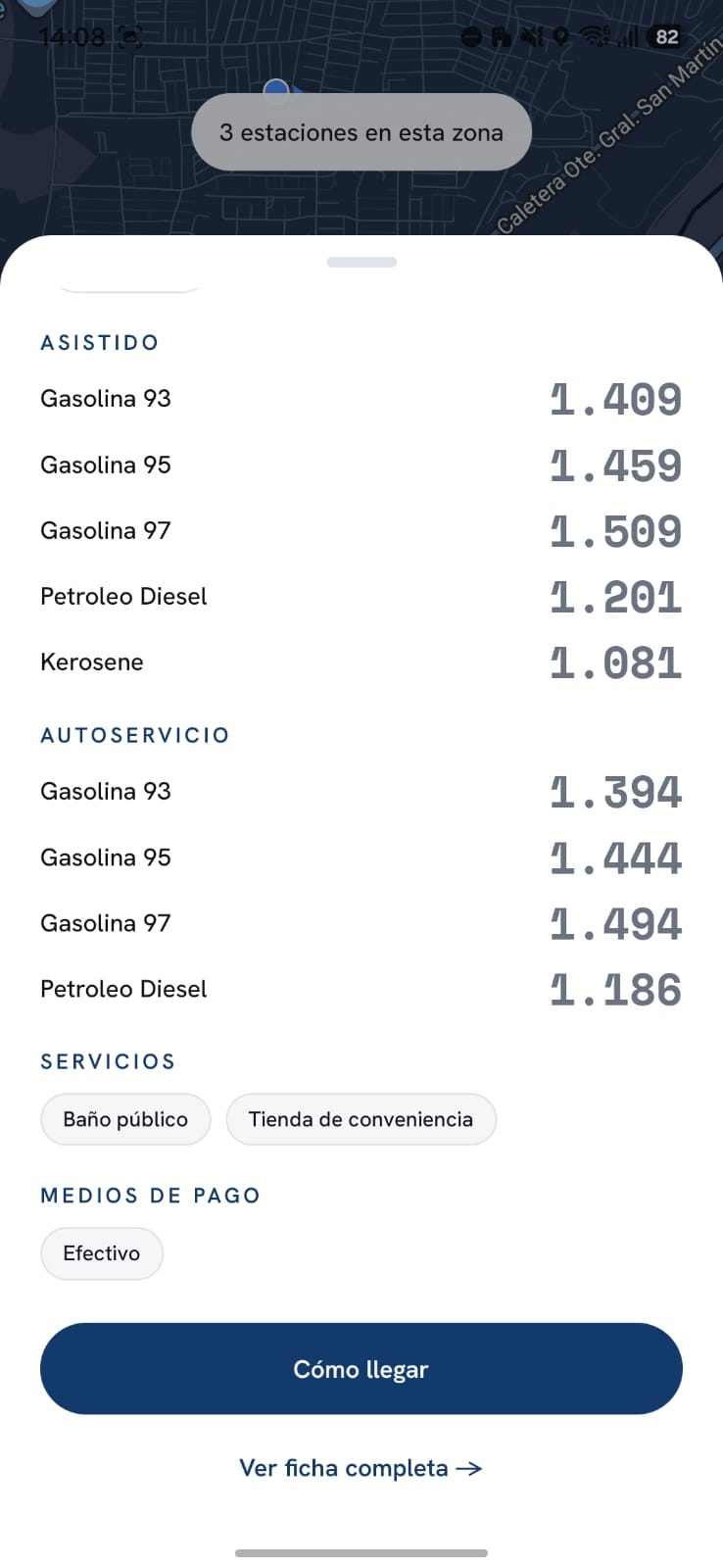 Ficha de estación con detalle de precios y acceso a como llegar