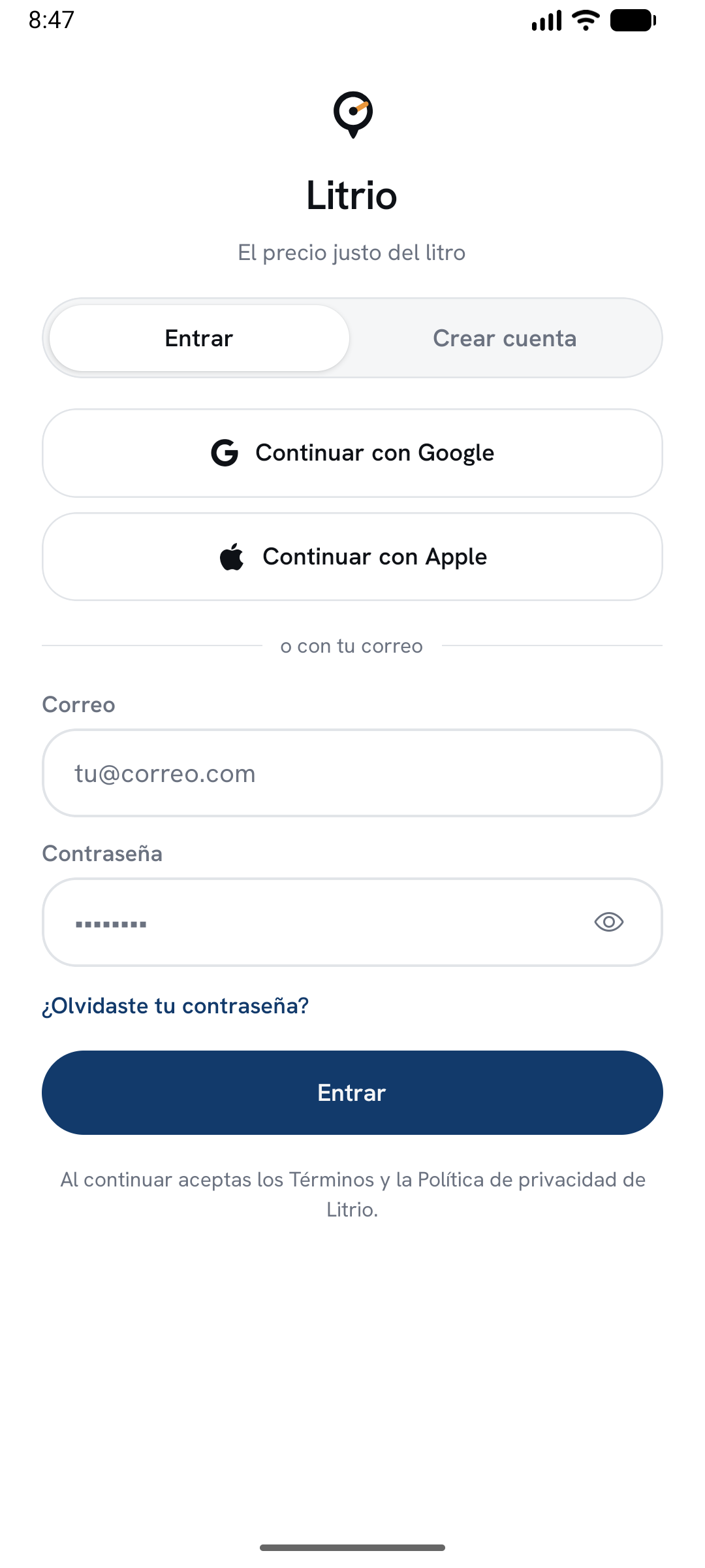 Pantalla de inicio de sesión de Litrio