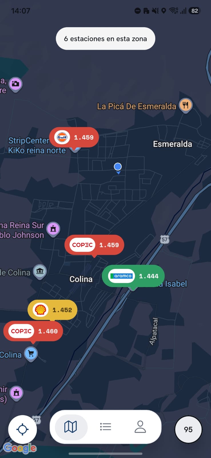 Mapa de Litrio con estaciones de servicio y precios de bencina por color